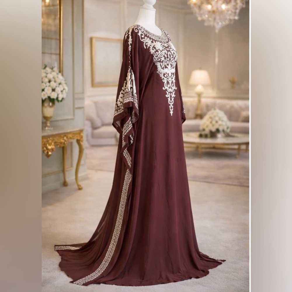 🤎 Elegant Brown Embroidered Kaftan Dress – Free Size